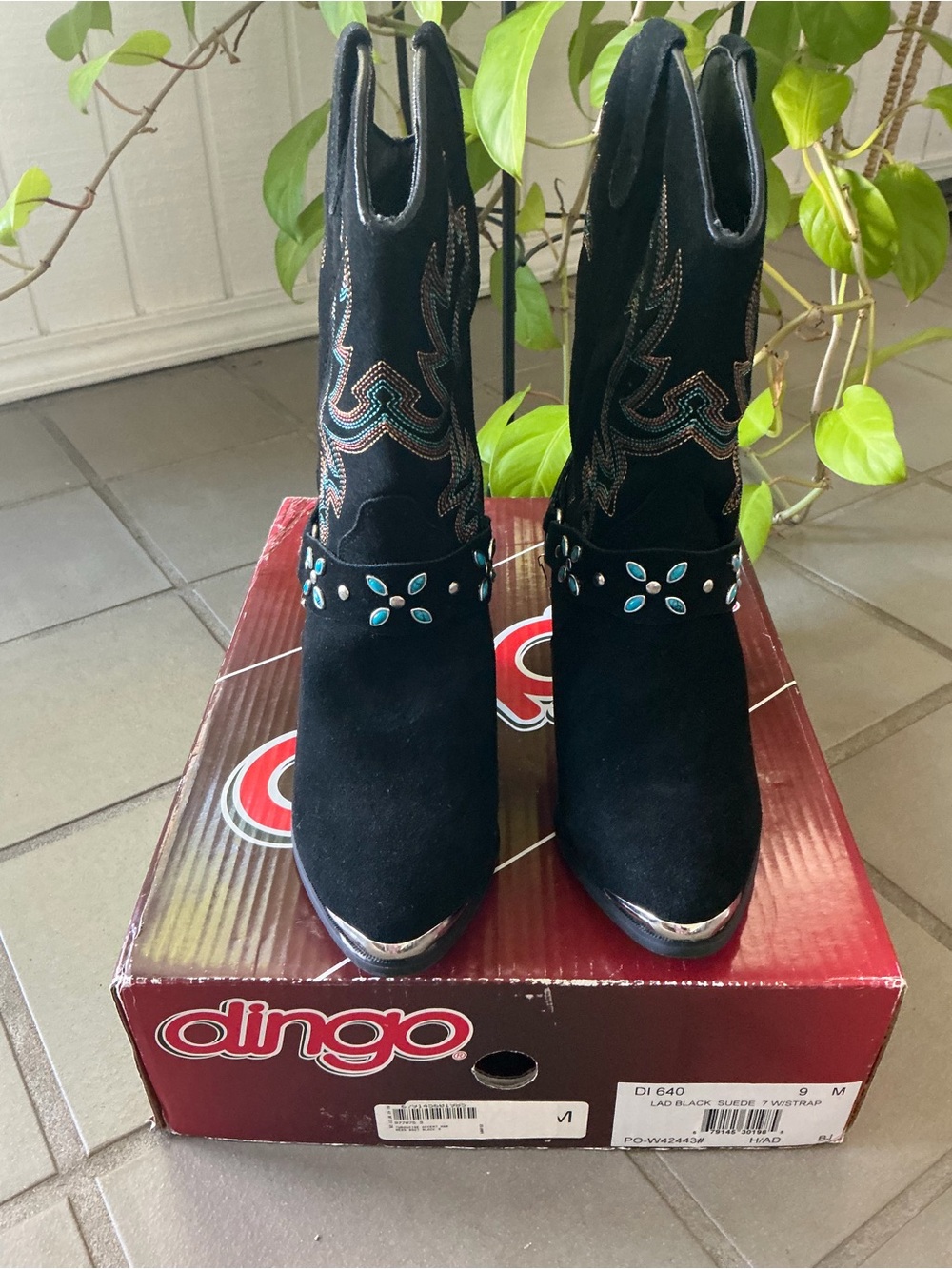 dingo Black  Suede Western Ankle Boots with Turquoise Embellishments